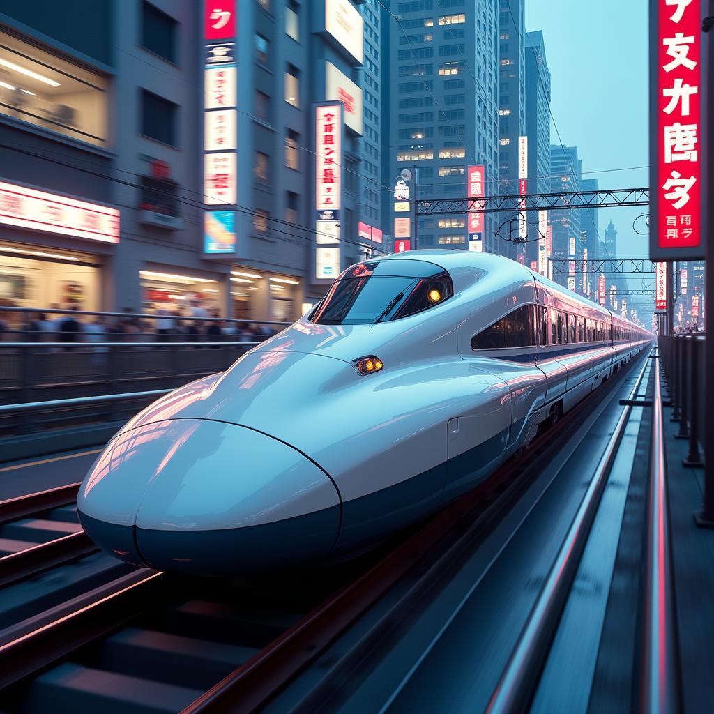 Shinkansen bullet train speeding past a modern cityscape