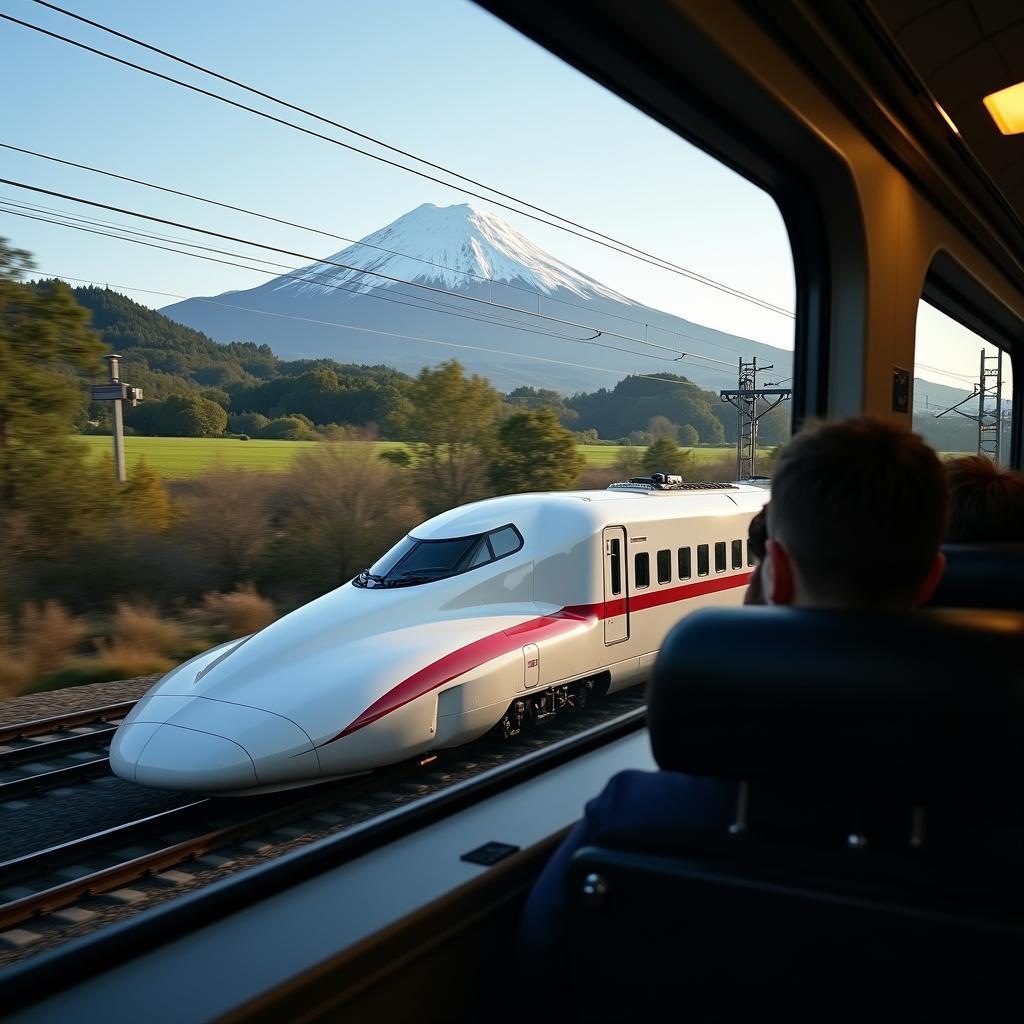 Traveling on the Shinkansen with Mount Fuji in the Background