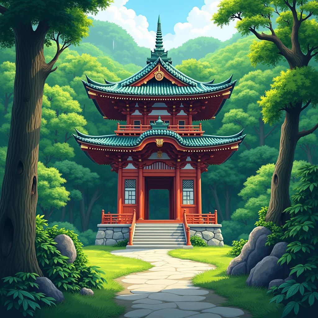 A serene Japanese temple amidst lush greenery, evoking a sense of tranquility and spiritual exploration.