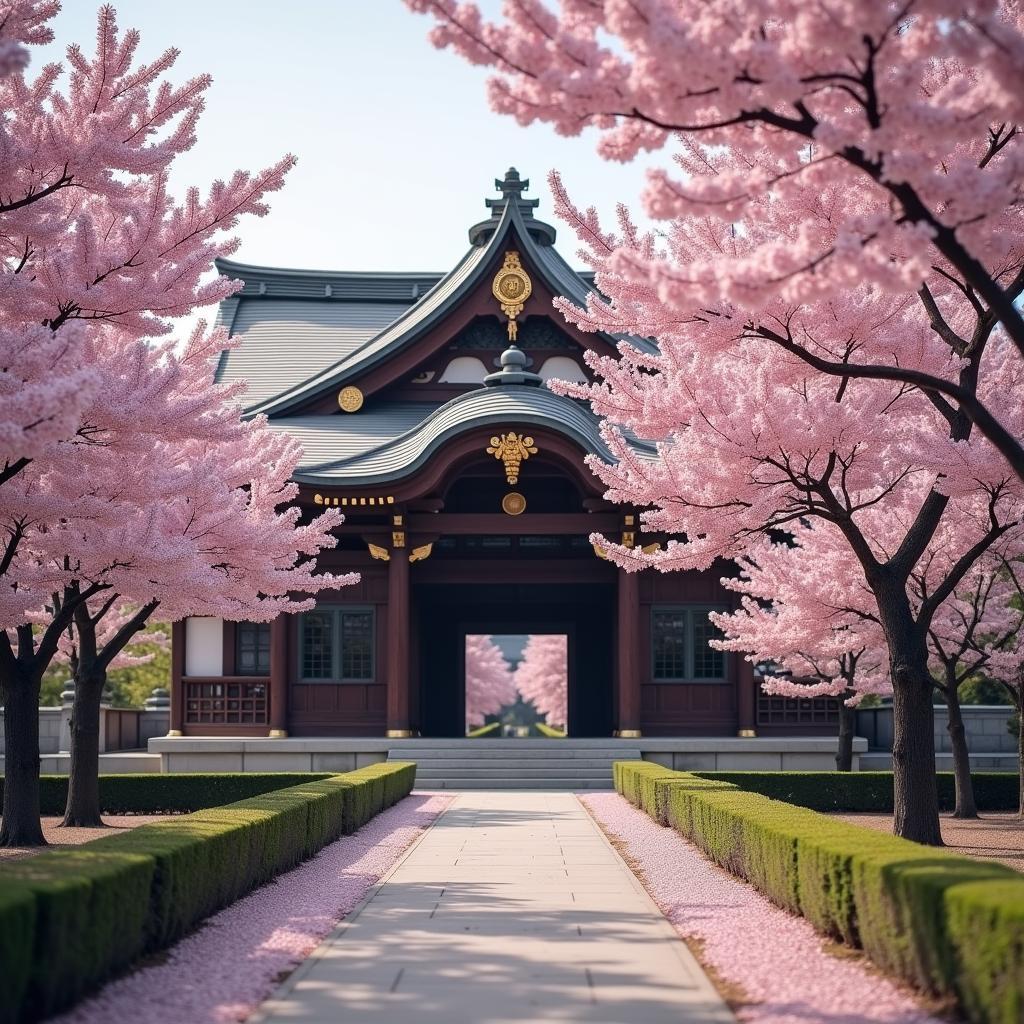 A serene Japanese temple amidst blooming cherry blossoms.