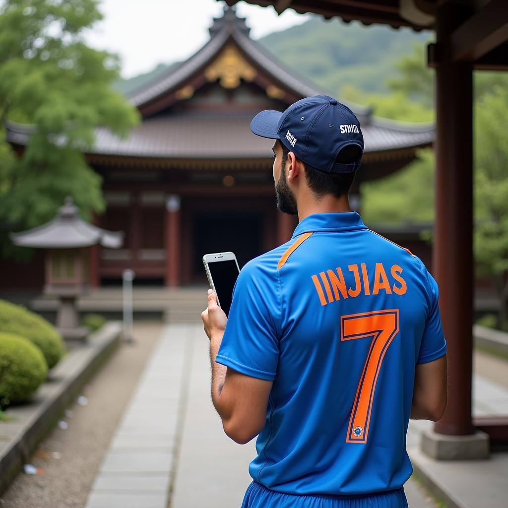 A cricket fan enjoys the serene beauty of a Japanese temple while checking live scores on their phone.