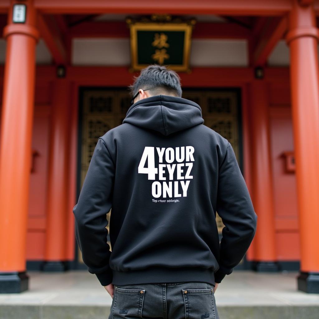 Respectful temple visit in Japan wearing a 4 Your Eyez Only Tour hoodie