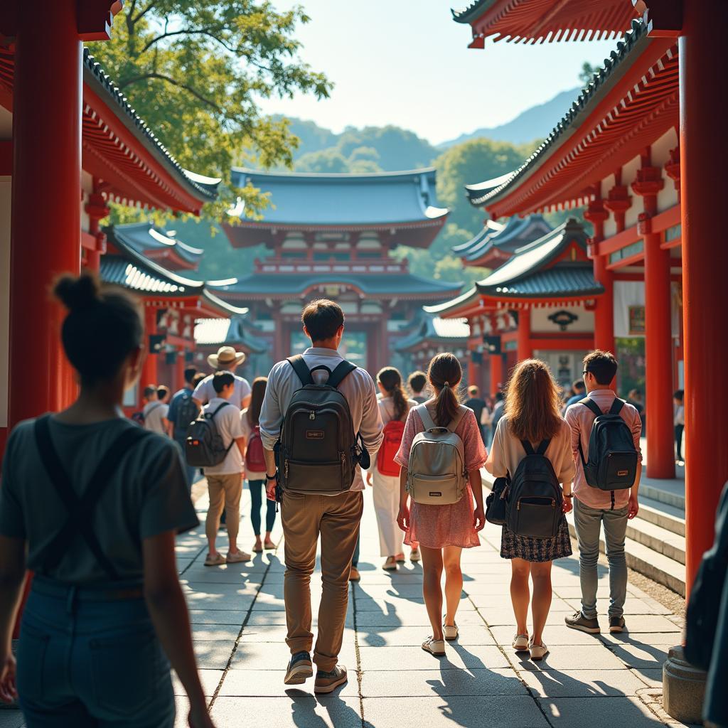 Group of tourists exploring an ancient temple in Japan with a guide.