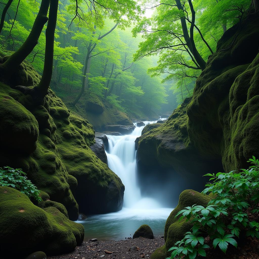 Hidden Waterfall along a Hiking Trail in Japan