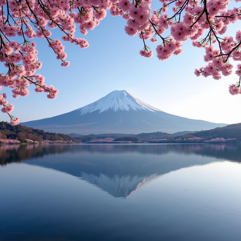 Mount Fuji reflected in a serene lake with cherry blossoms in the foreground