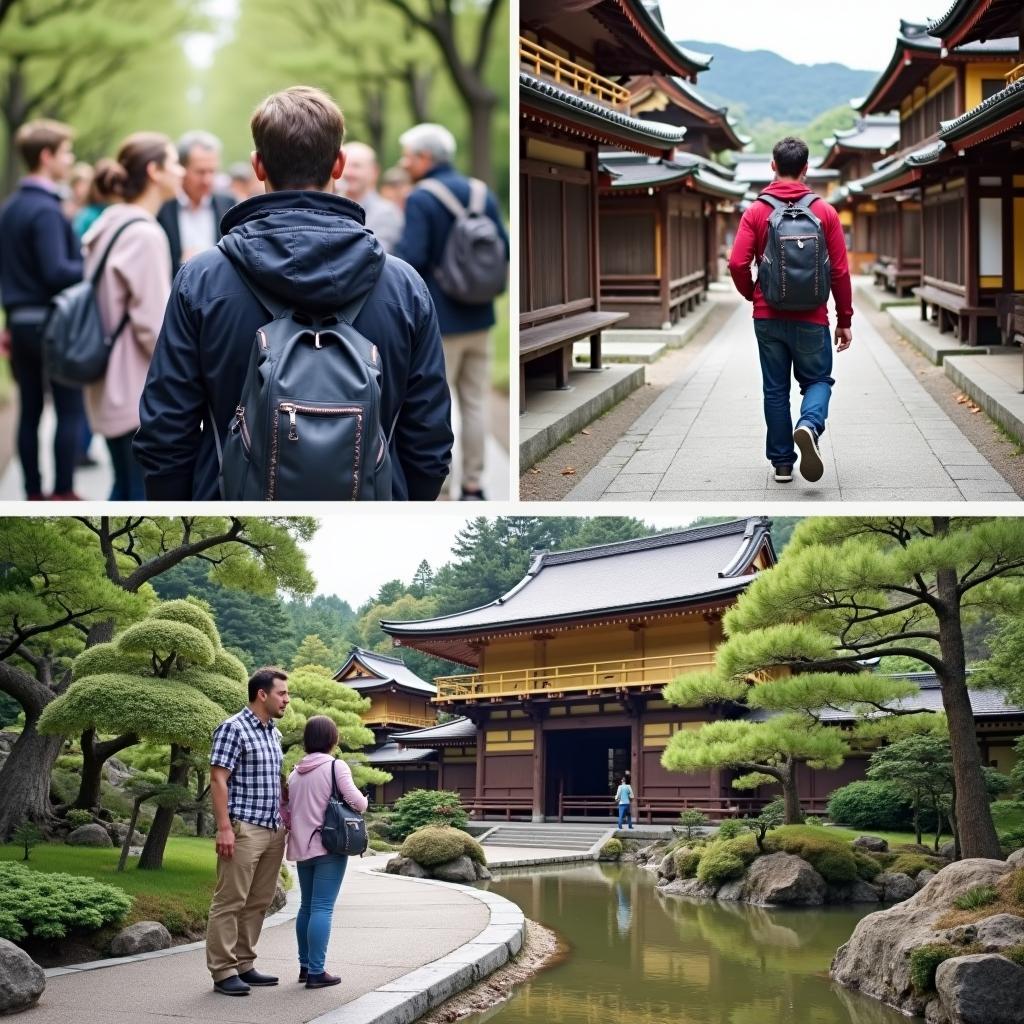 Different types of Japan tours: Guided tours with a group, independent travel with a backpack, and a couple exploring a traditional Japanese garden.