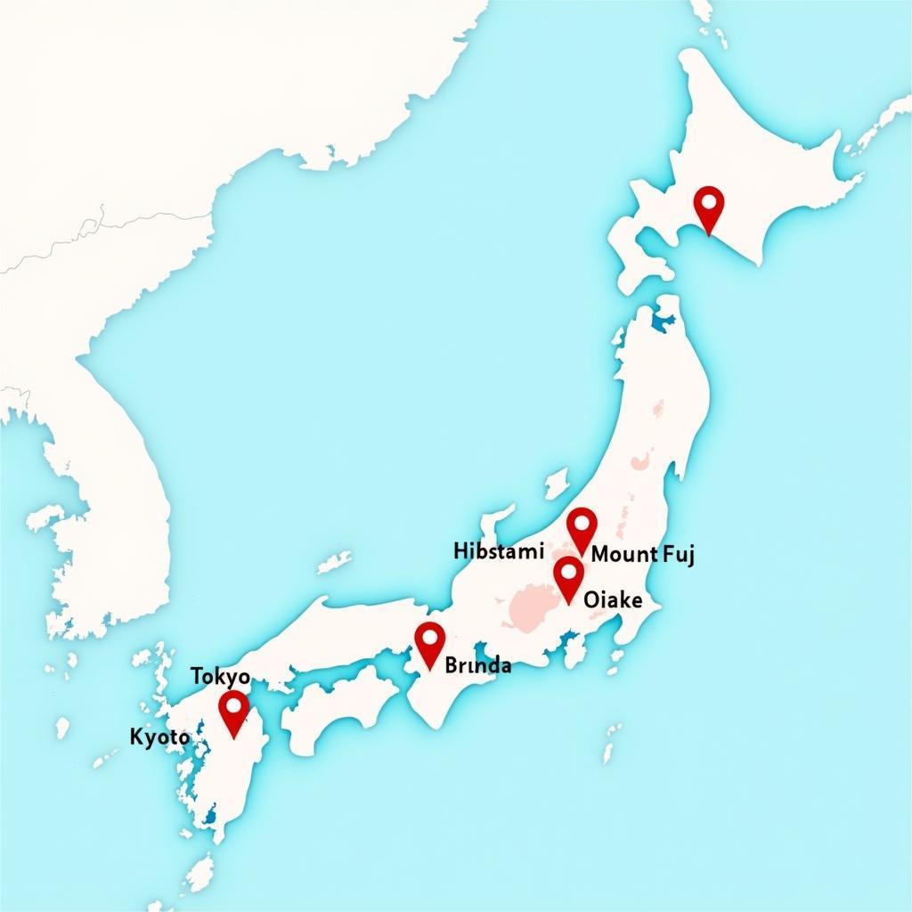 Map of Japan highlighting key travel destinations