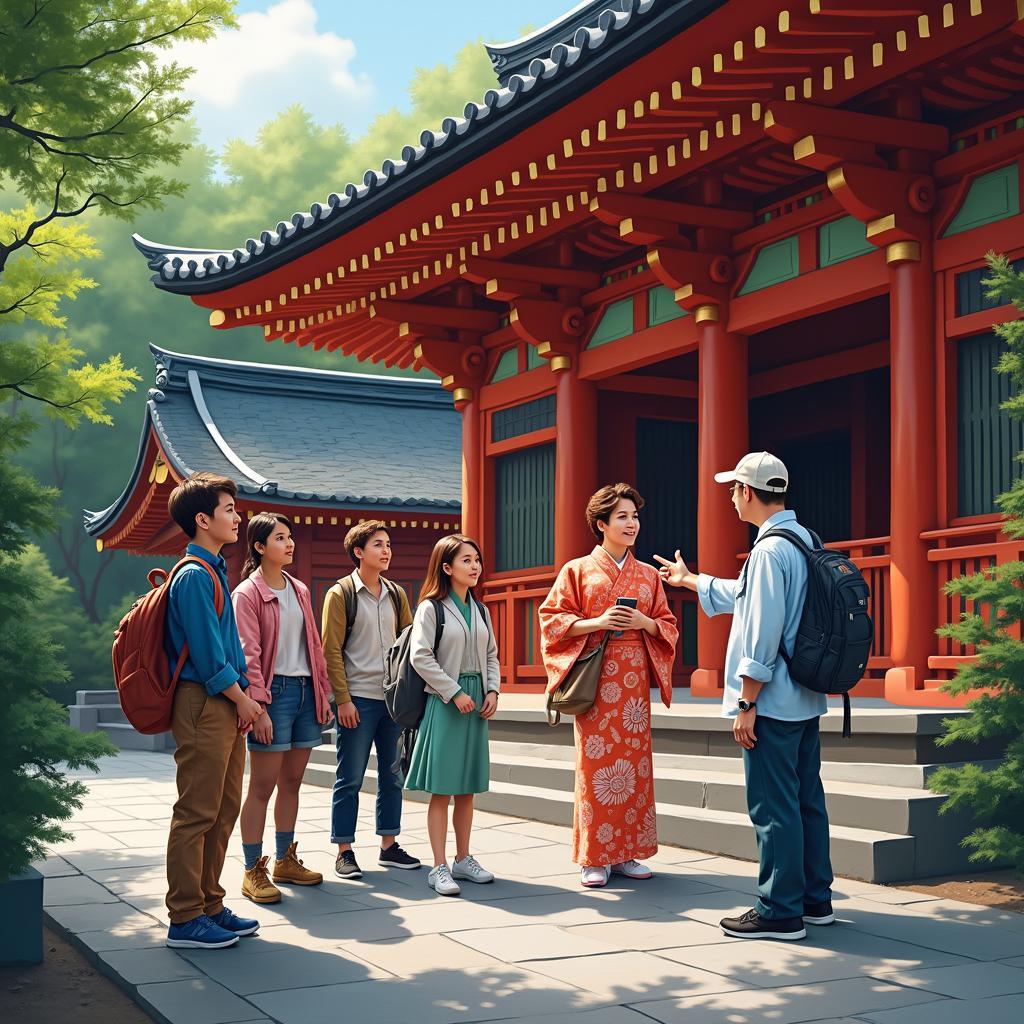 Group of tourists exploring a traditional Japanese temple with apple tours and travels