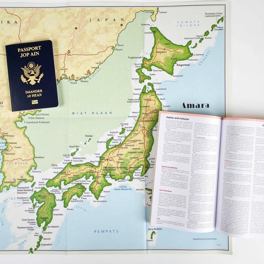 Essentials for planning a trip to Japan, including a map, passport, and travel guide.