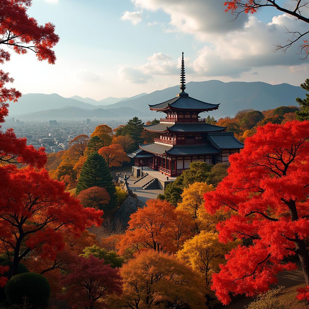 Japanese Autumn Foliage: Vibrant Colors Surrounding a Kyoto Temple