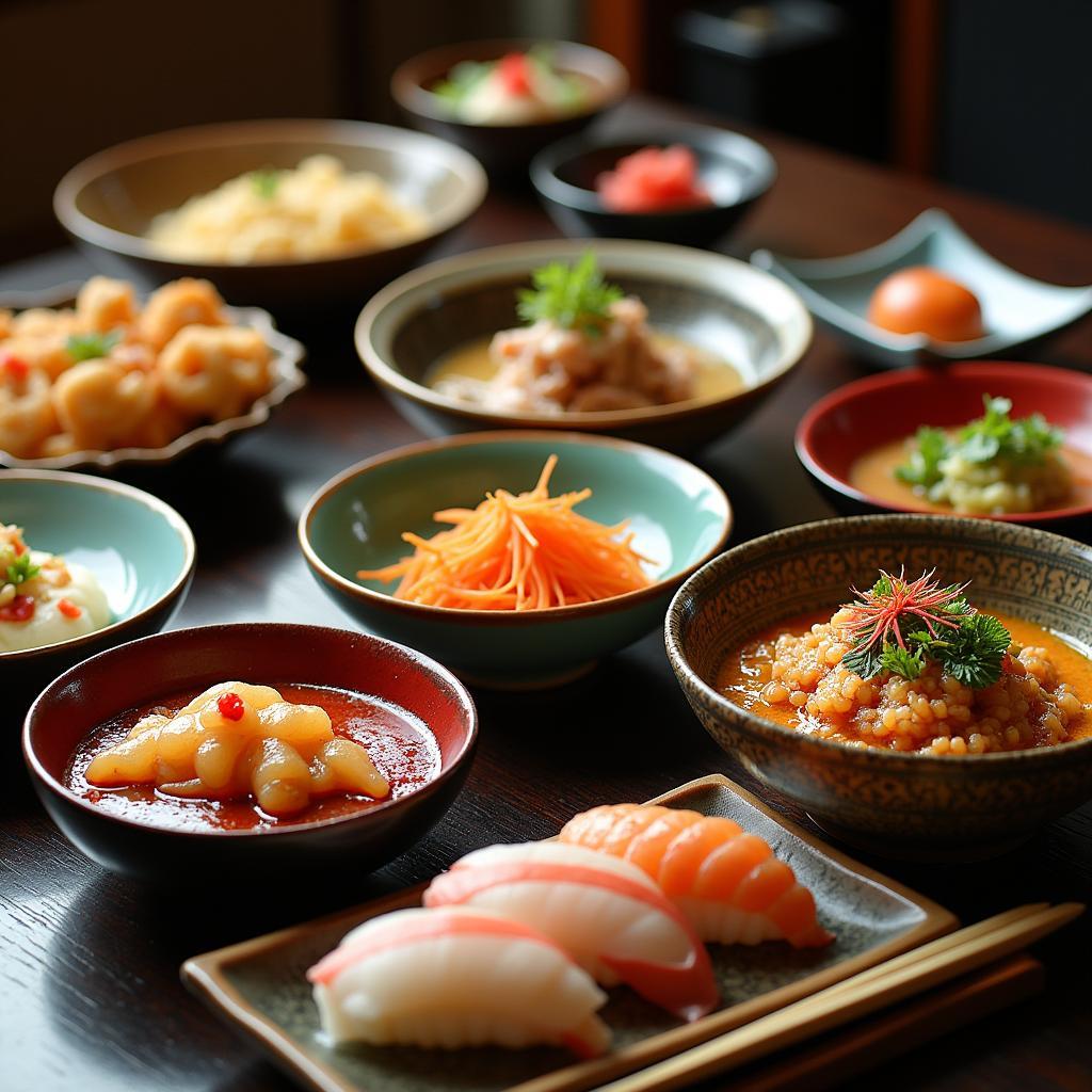 A vibrant spread of Japanese dishes, showcasing the diversity and artistry of Japanese cuisine.