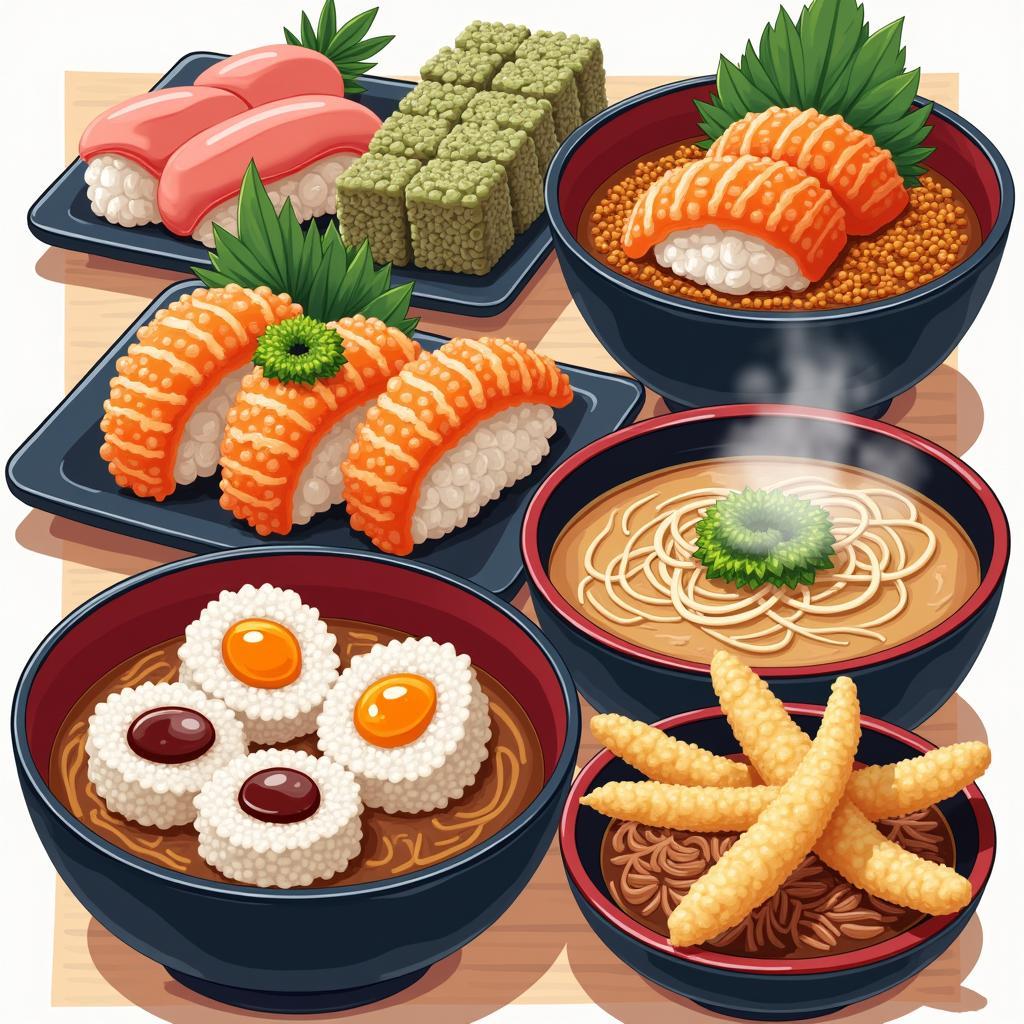 A Selection of Japanese Cuisine: Sushi, Ramen, and Tempura