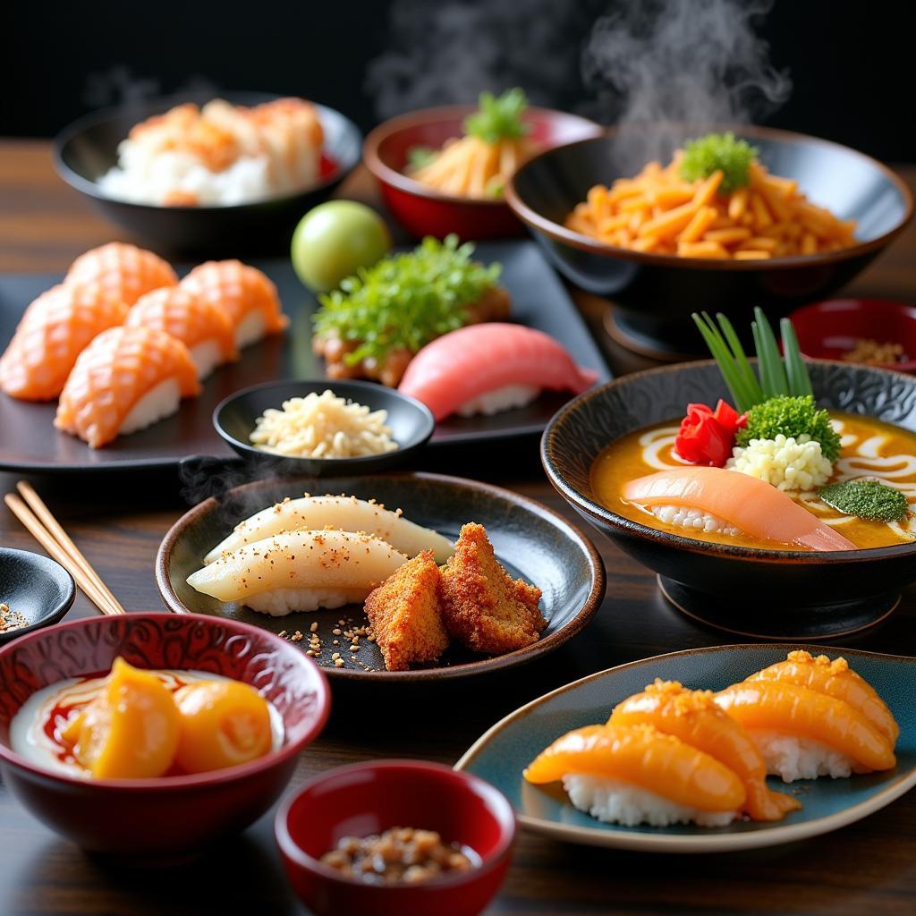 A variety of Japanese dishes including sushi, ramen, and tempura.