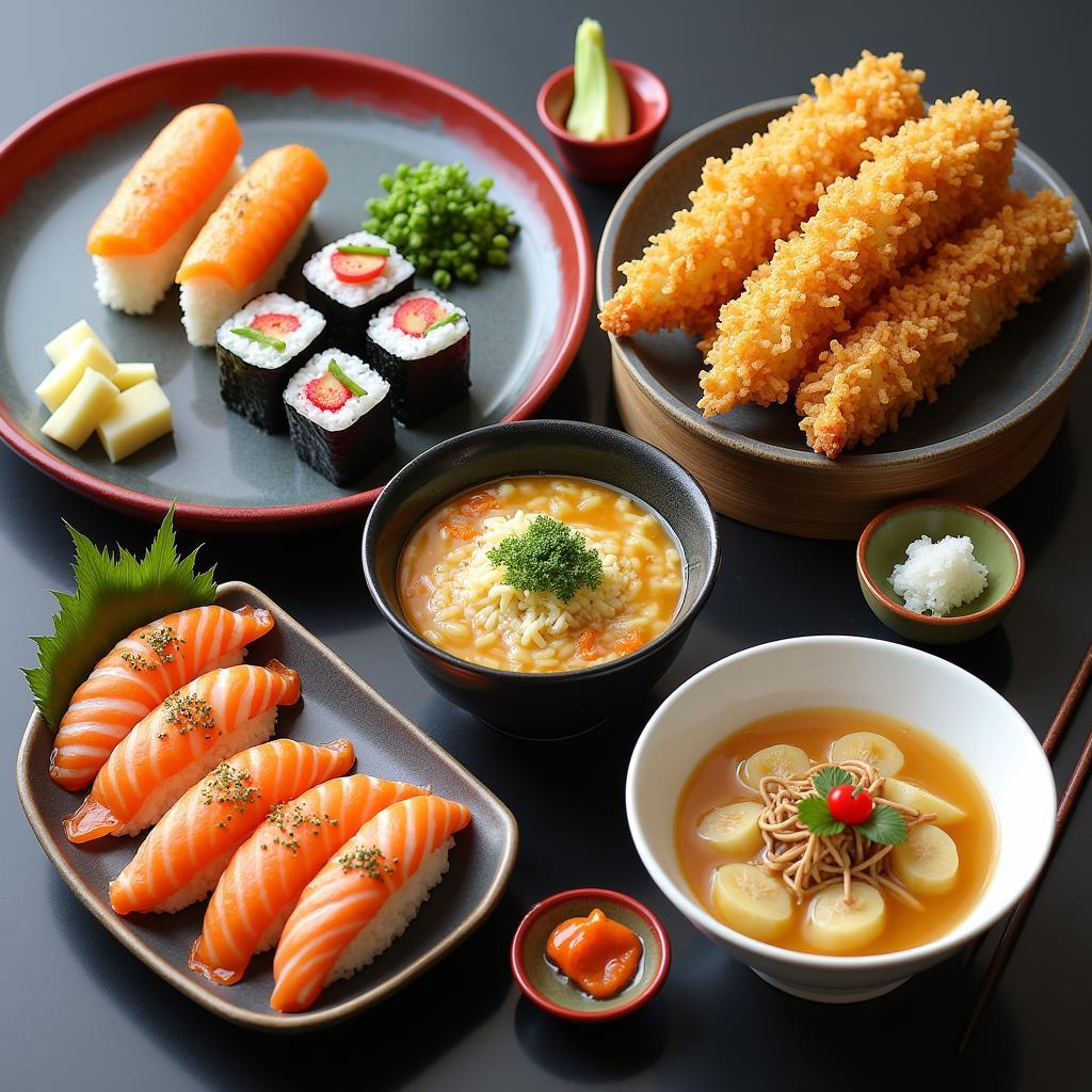 Assortment of Japanese dishes including sushi, ramen, and tempura.