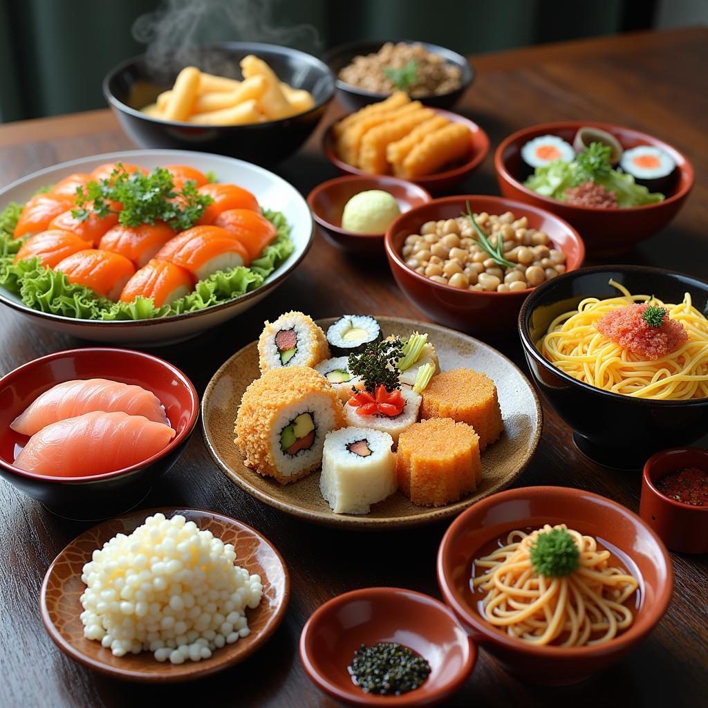 A vibrant assortment of Japanese dishes, including sushi, ramen, tempura, and colorful mochi, are arranged beautifully on a table.