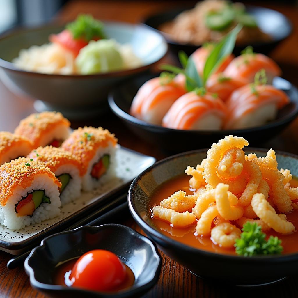 A Colorful Spread of Japanese Cuisine: Sushi, Ramen, and Tempura