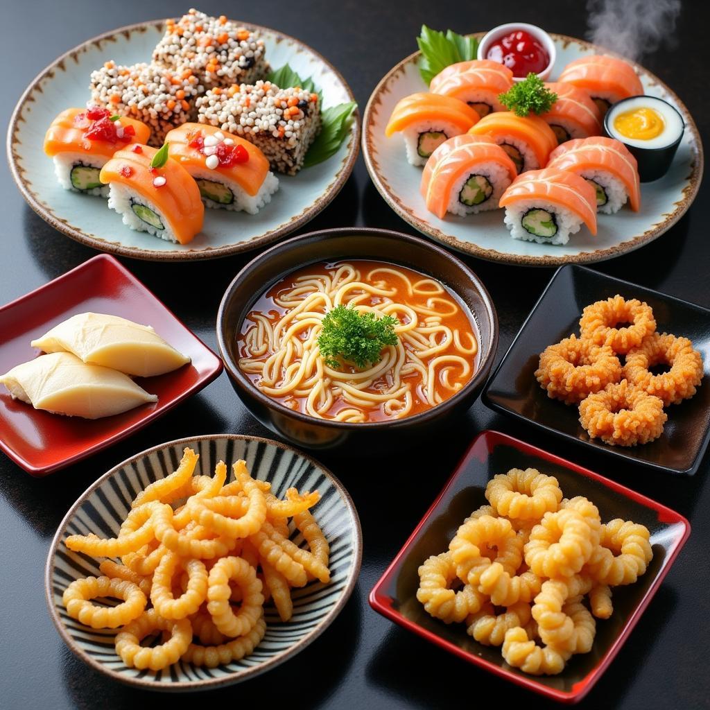 Variety of Japanese Dishes: Sushi, Ramen, and Tempura