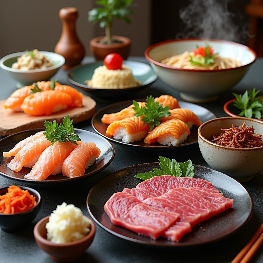 Variety of Japanese dishes including sushi, ramen, and wagyu beef