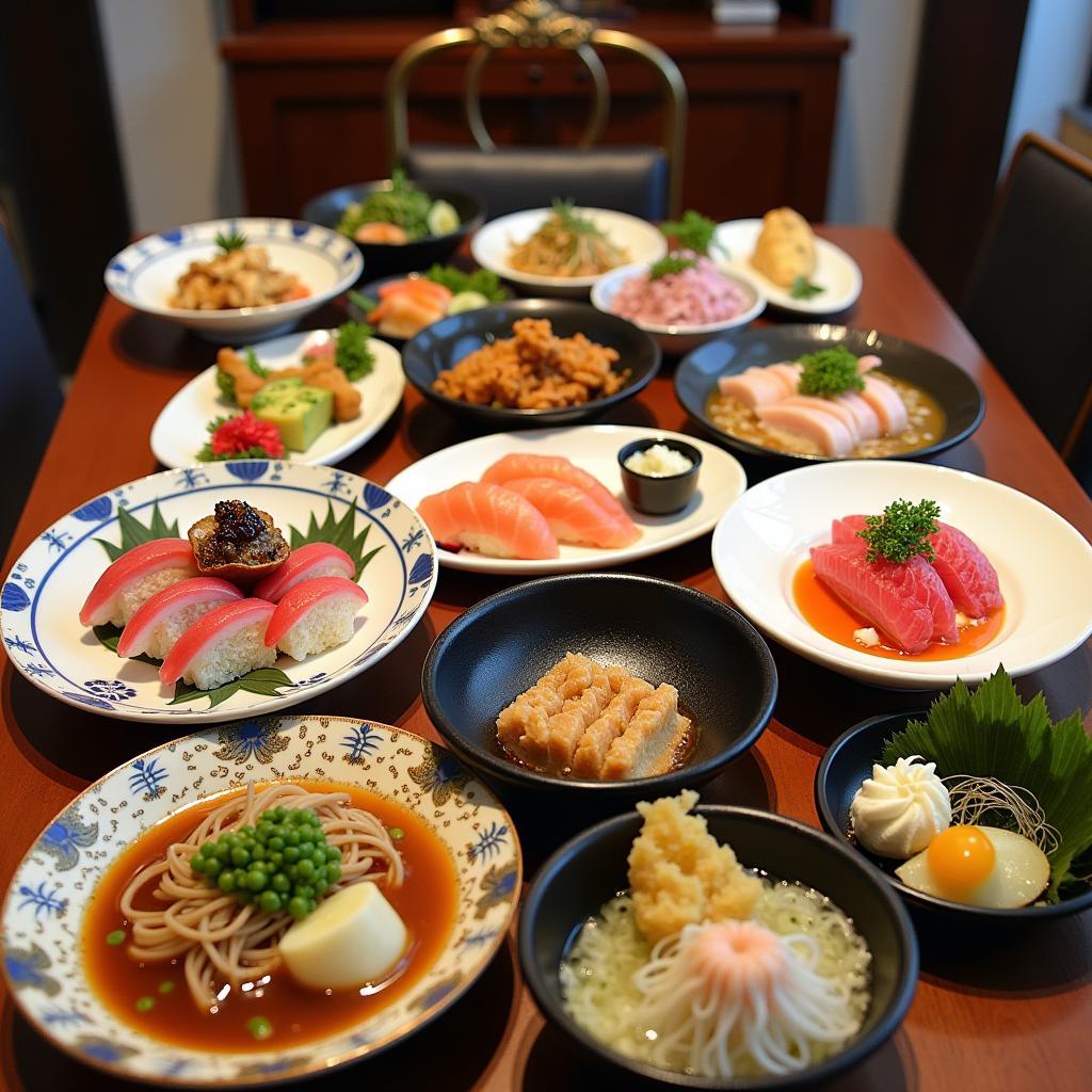 A table filled with various Japanese dishes, showcasing the diverse culinary landscape.