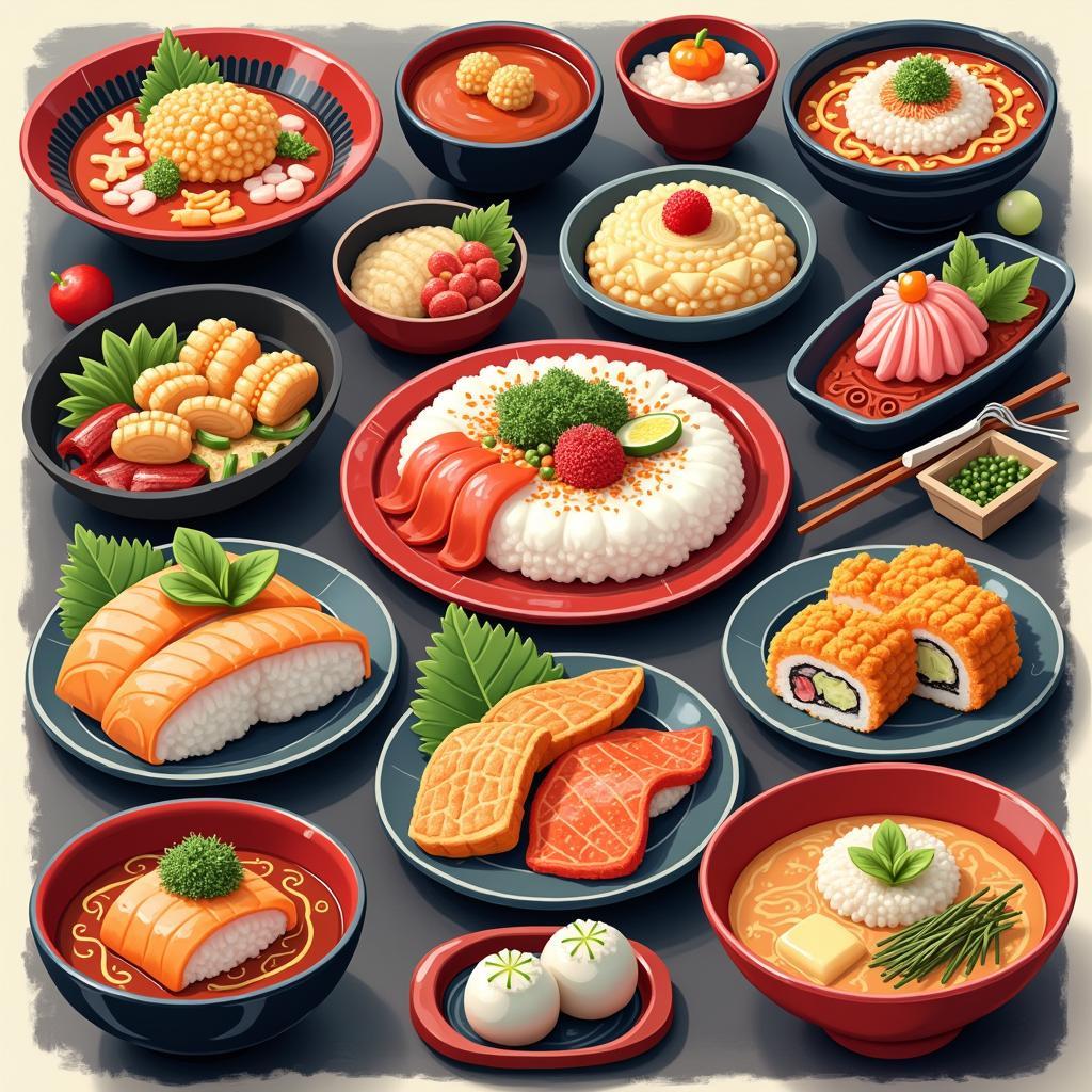 Assortment of Japanese Dishes: Sushi, Ramen, Tempura