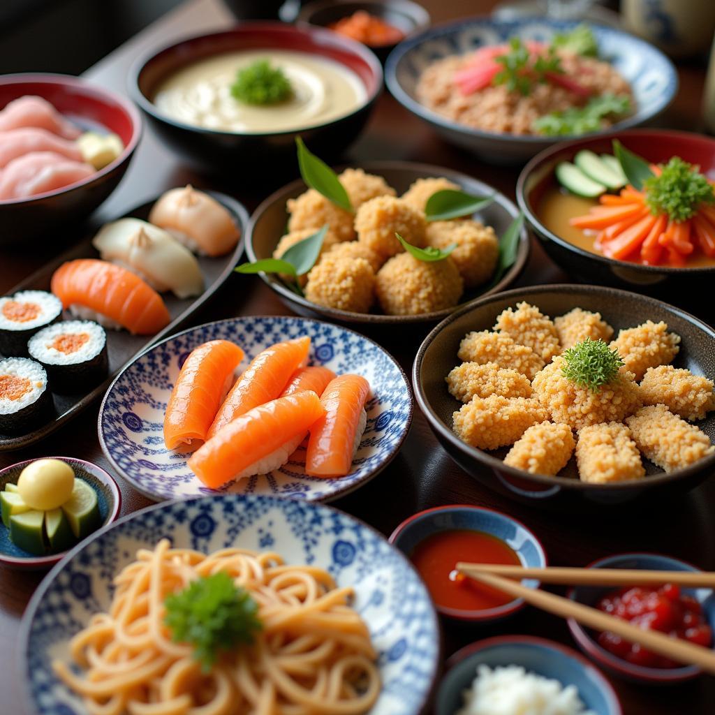 A variety of Japanese dishes including sushi, ramen, and tempura