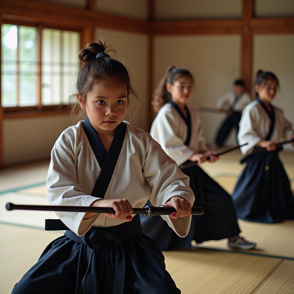 Students practicing martial arts in a traditional Japanese dojo, demonstrating intense focus and discipline.