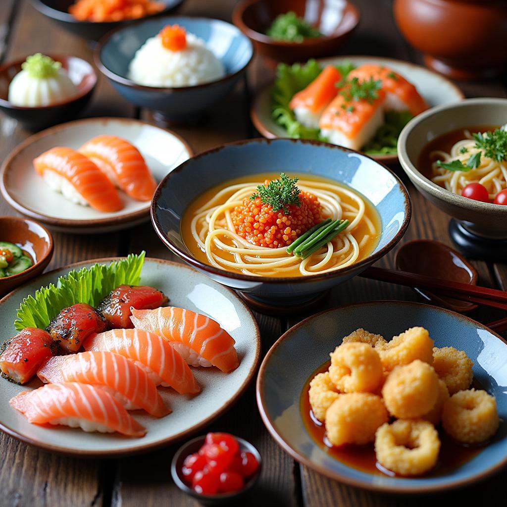 A table laden with various Japanese dishes including sushi, ramen, and tempura