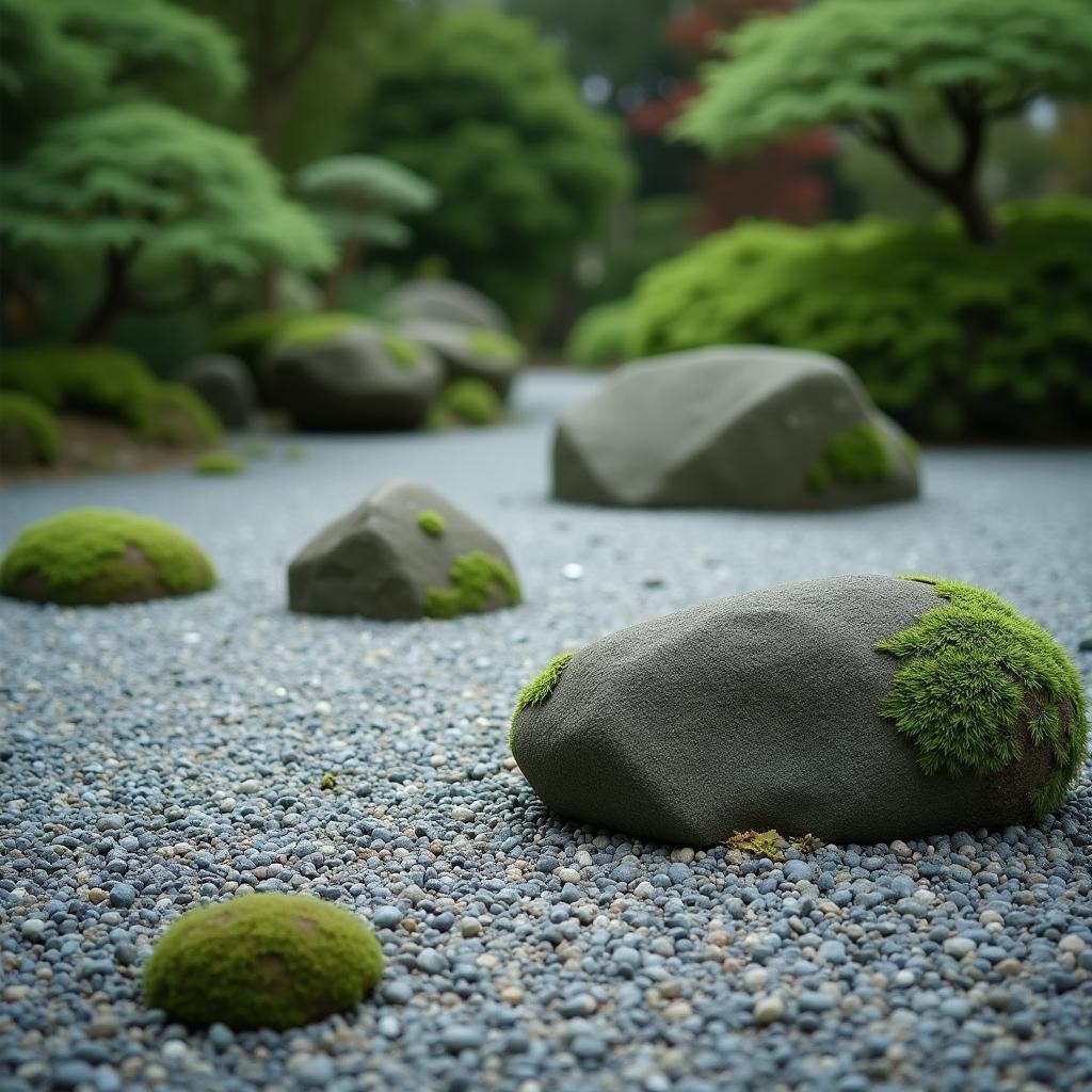 A serene Japanese garden with carefully placed rocks, moss, and raked gravel, evoking a sense of peace and tranquility.