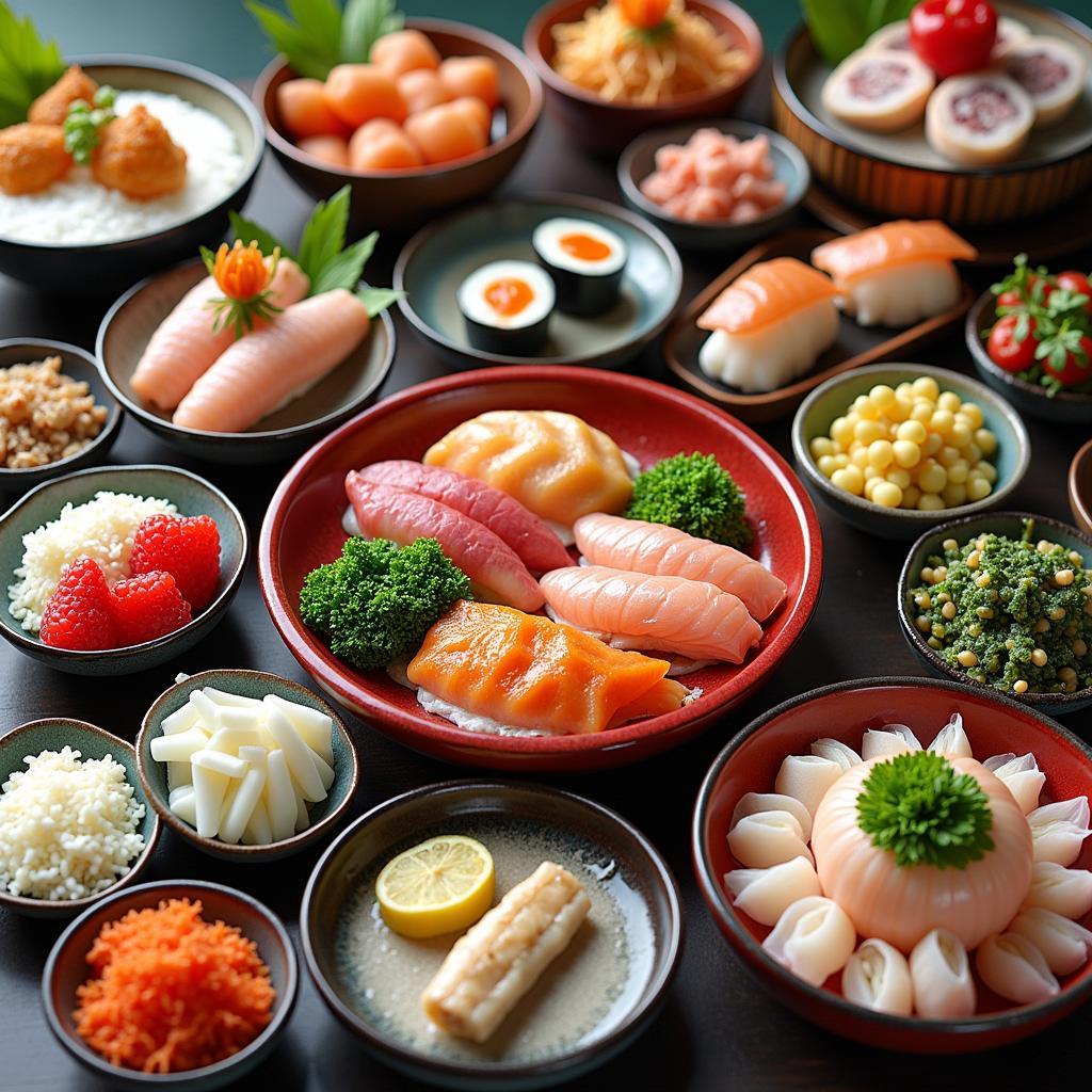 A colorful spread of Japanese seasonal dishes, including sushi, ramen, and mochi.