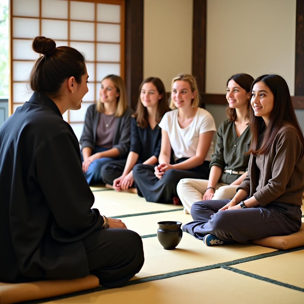 Adelaide Uni students participating in a traditional Japanese tea ceremony during a study tour