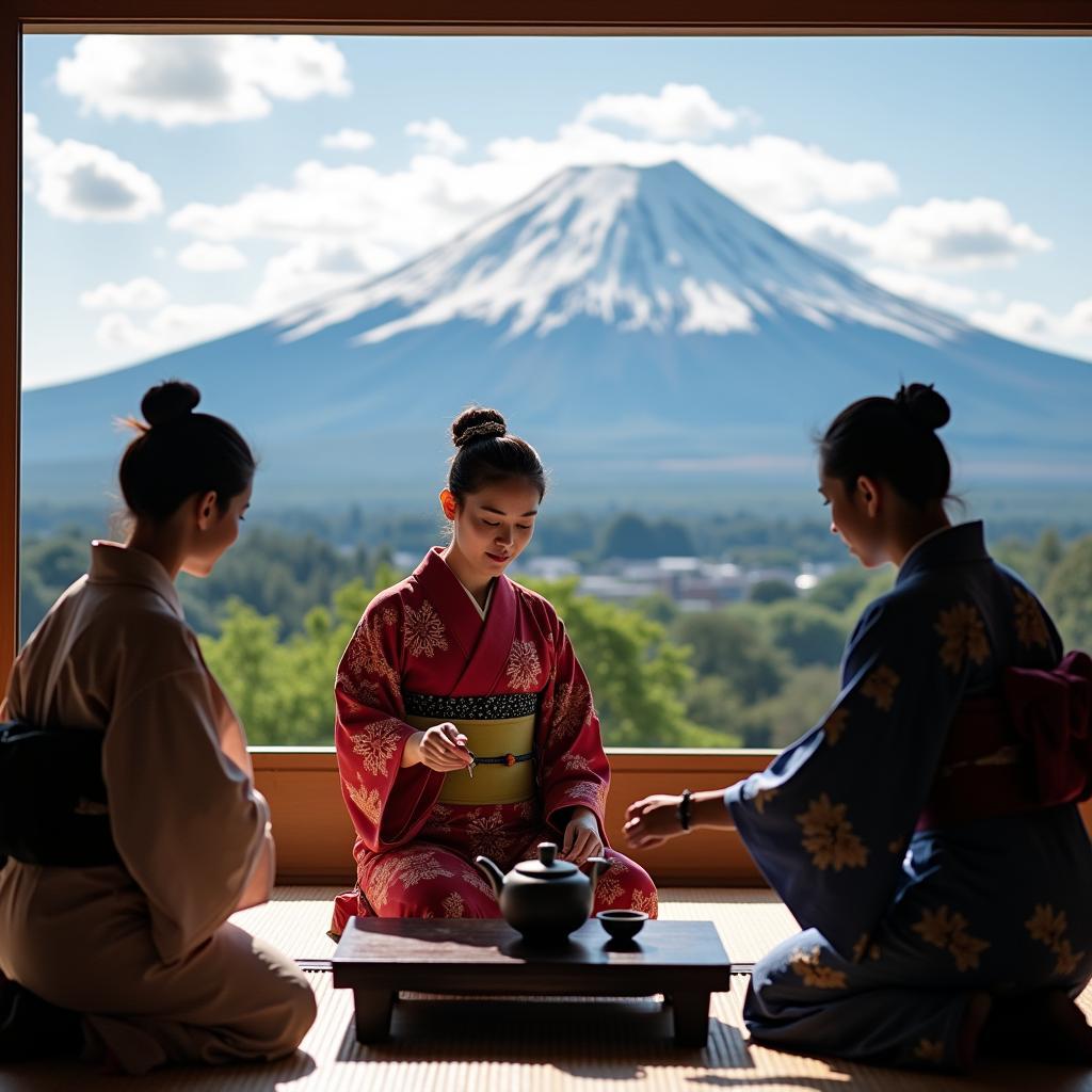 Experience the tranquility of a Japanese tea ceremony with Mount Fuji as a backdrop.