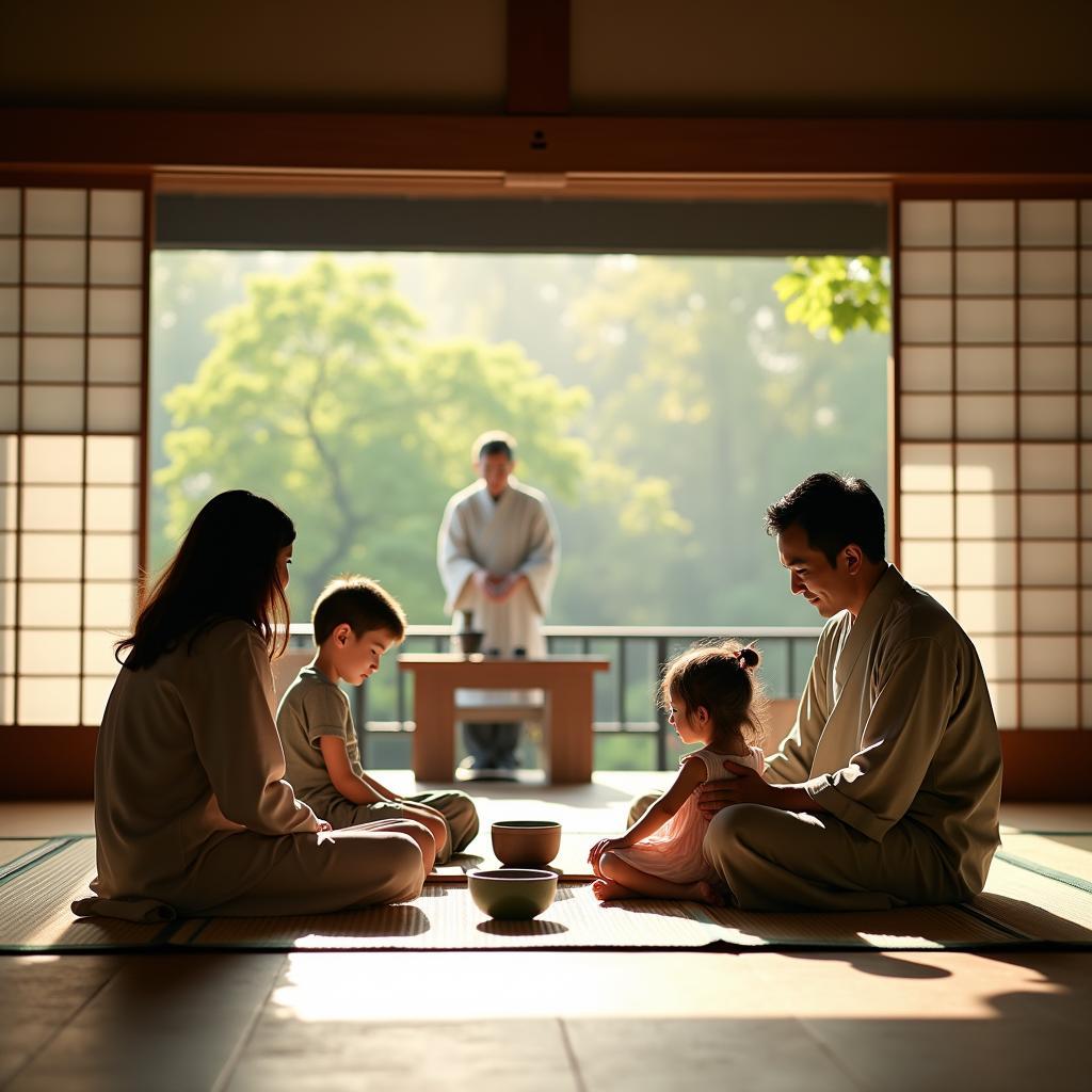 Family experiencing a traditional Japanese tea ceremony