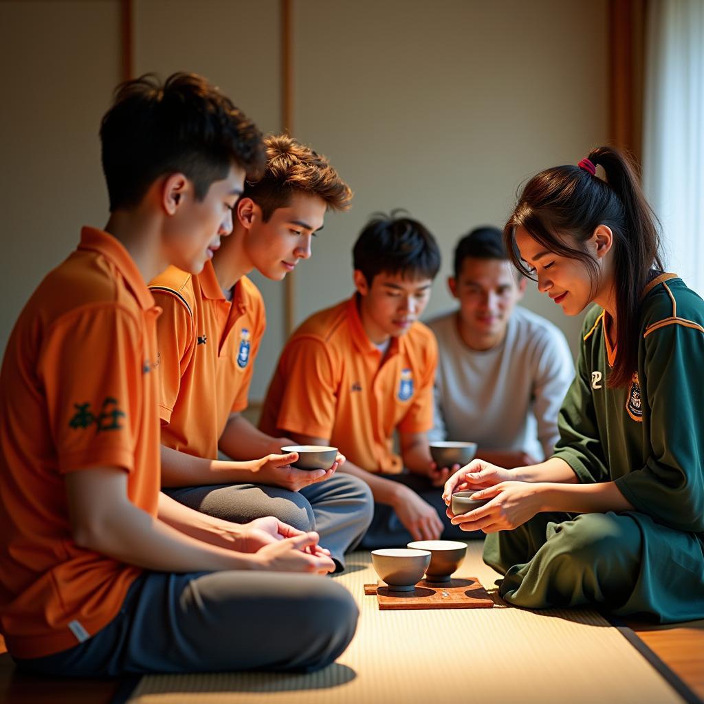 Cricket fans experiencing a traditional Japanese tea ceremony.