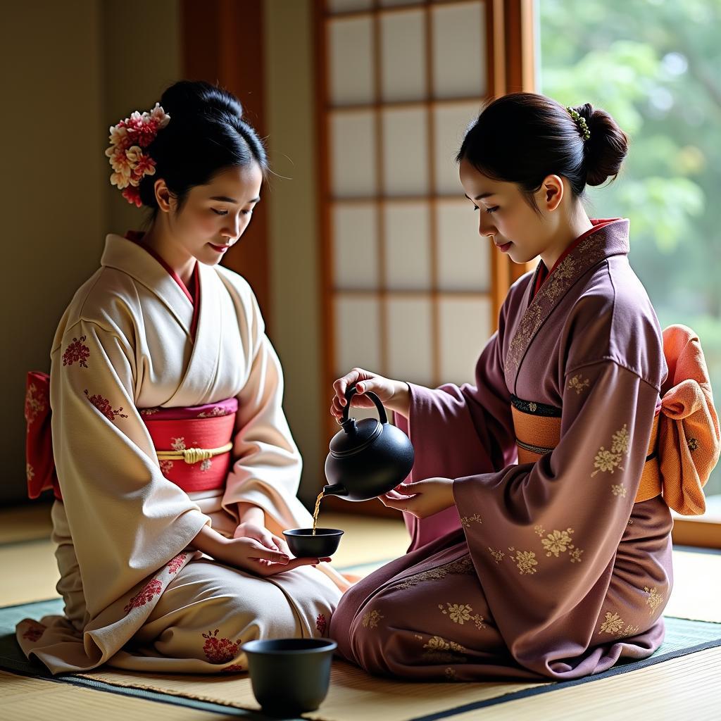 Traditional Japanese Tea Ceremony with Women in Kimonos