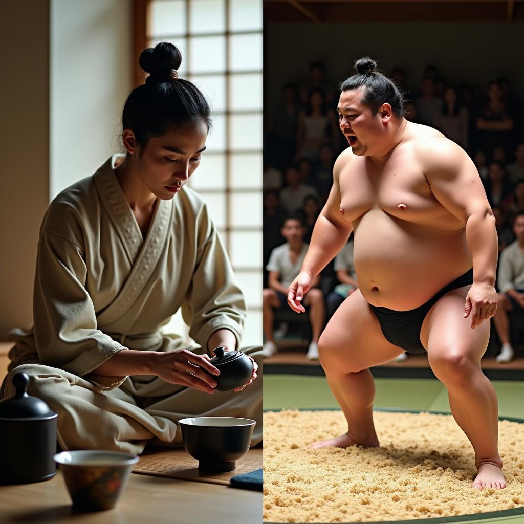 Traditional Japanese tea ceremony and Sumo wrestling.