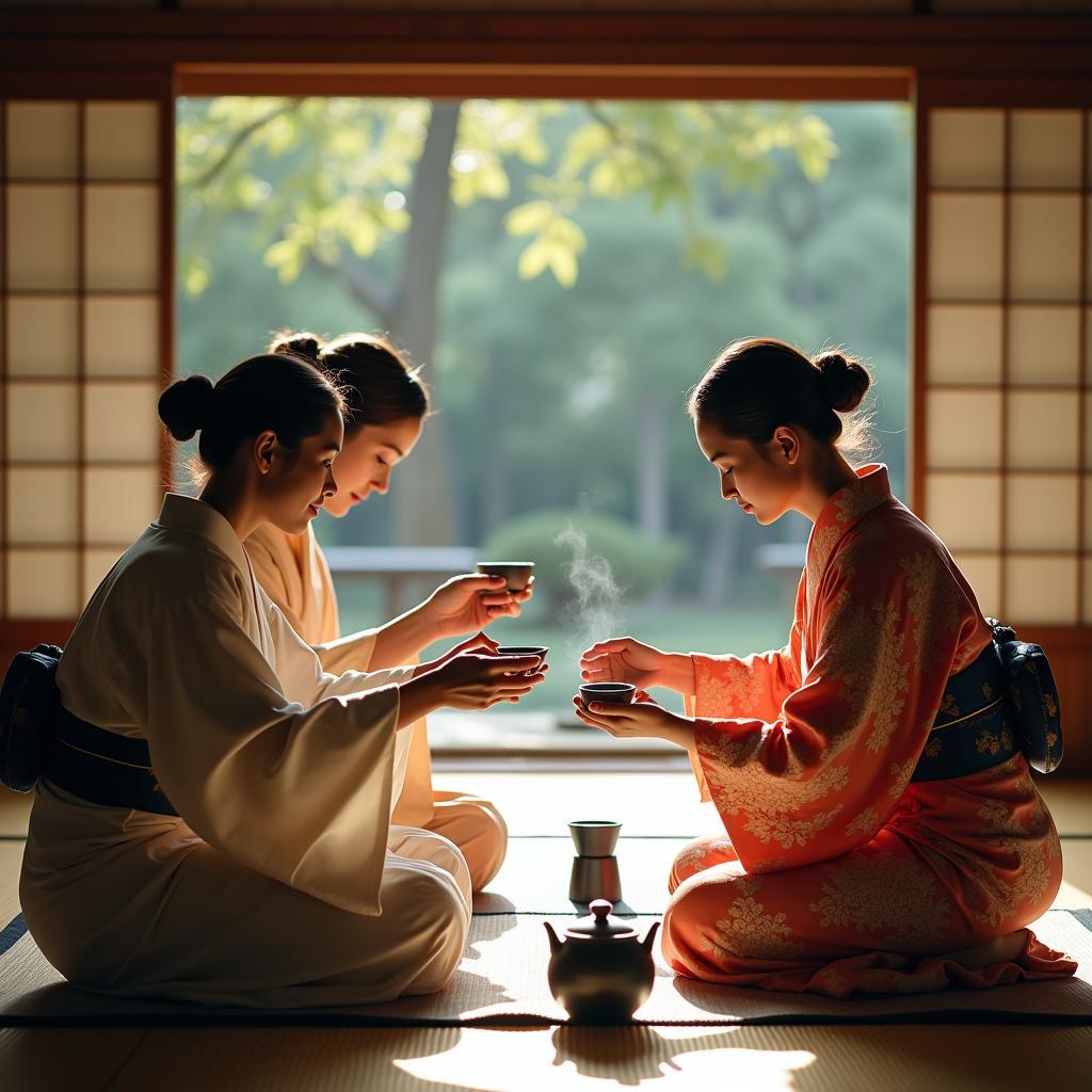 Traditional Japanese tea ceremony with participants in kimonos