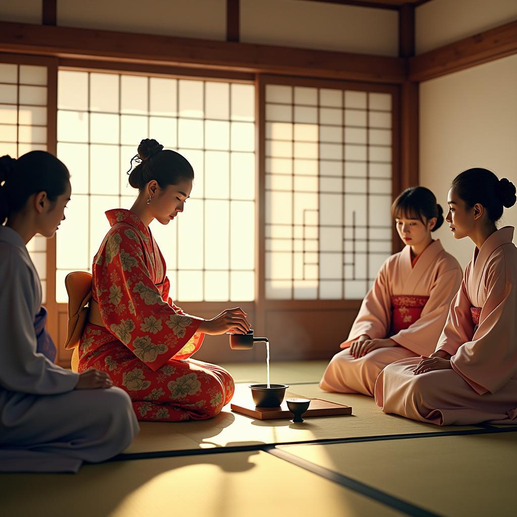 Traditional Japanese Tea Ceremony with Kimono-Clad Participants