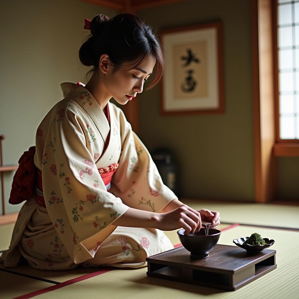 A traditional Japanese tea ceremony being performed.