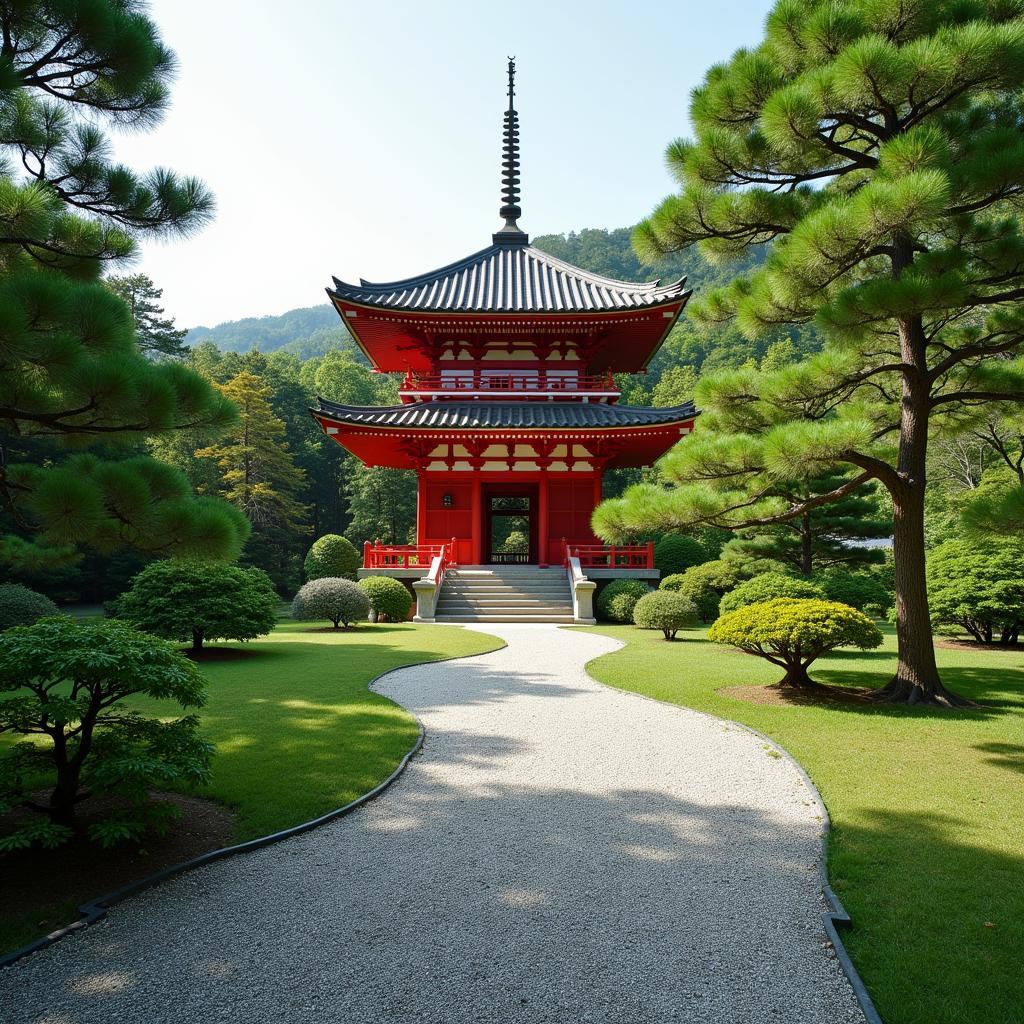 A serene Japanese temple garden with meticulously raked gravel and a traditional wooden pagoda, reminiscent of the tranquil courtyards found in the Aga Khan Museum.