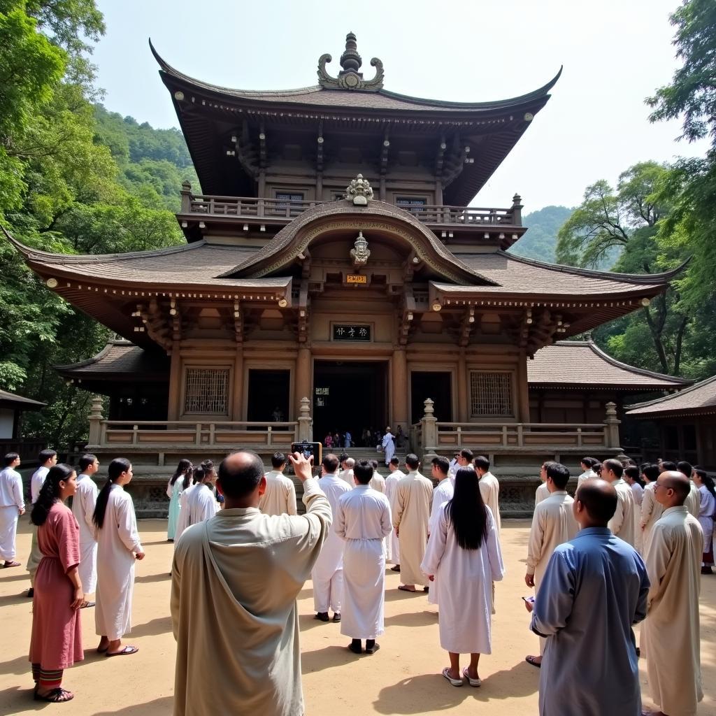 Pilgrims visiting a serene Japanese temple during a guided tour