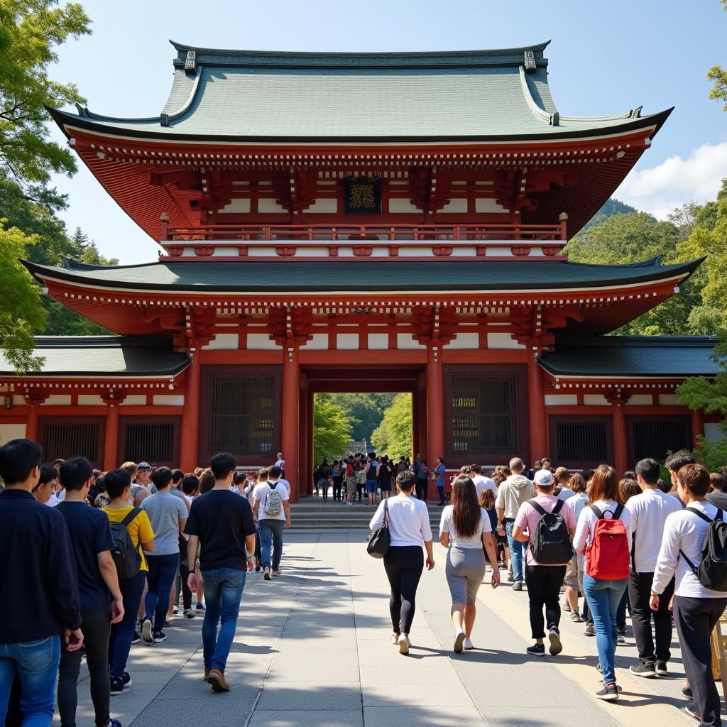 Tourists entering a Japanese temple with priority access