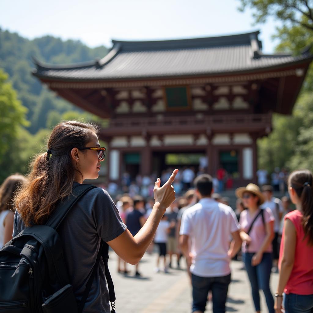 A Japanese tour guide explaining the history of a temple to a group of tourists