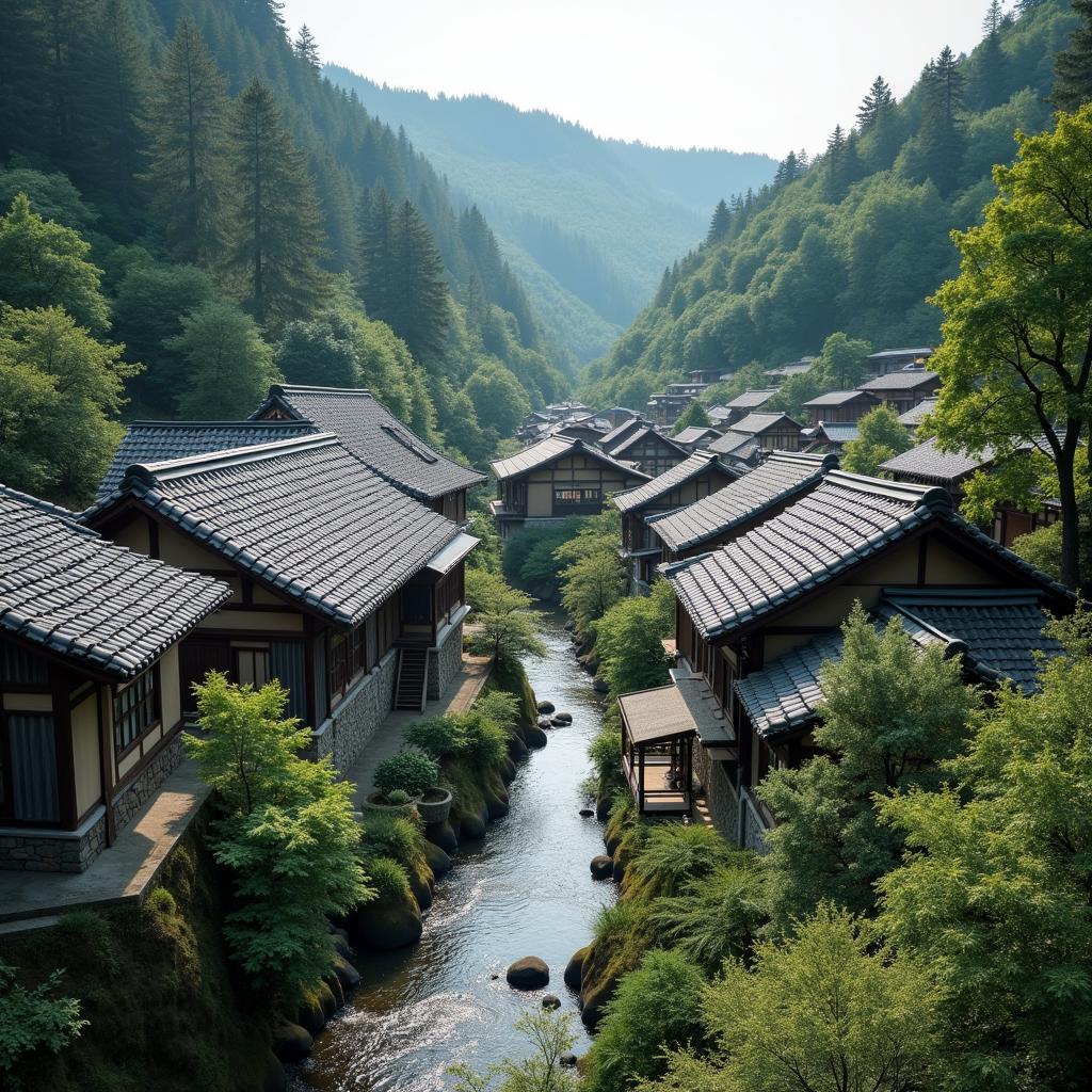 Traditional Japanese village nestled near a forest