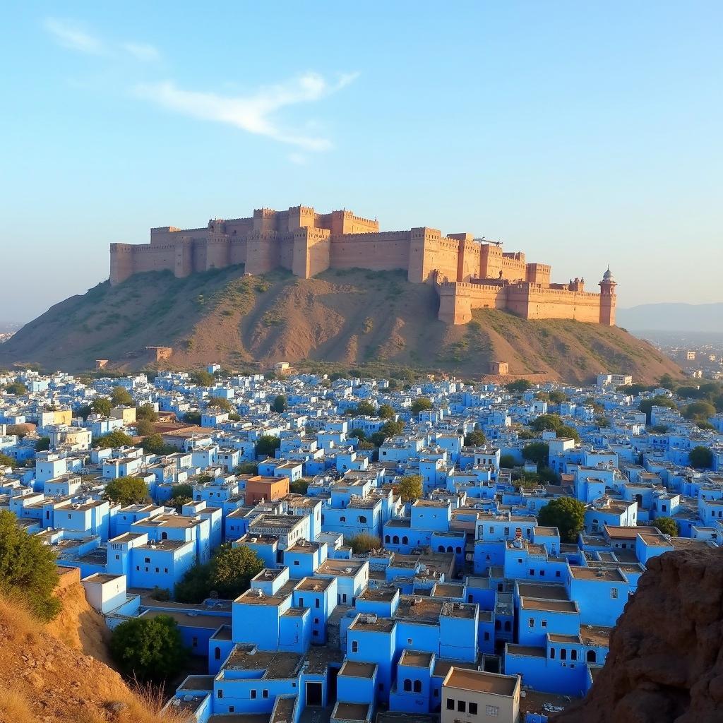 Mehrangarh Fort overlooking Jodhpur's blue cityscape