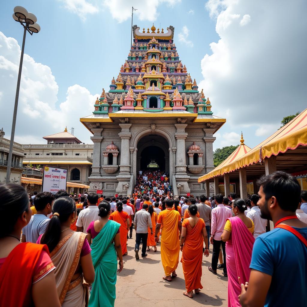 Devotees visiting the vibrant Kanyakumari Temple during a tour from Mumbai