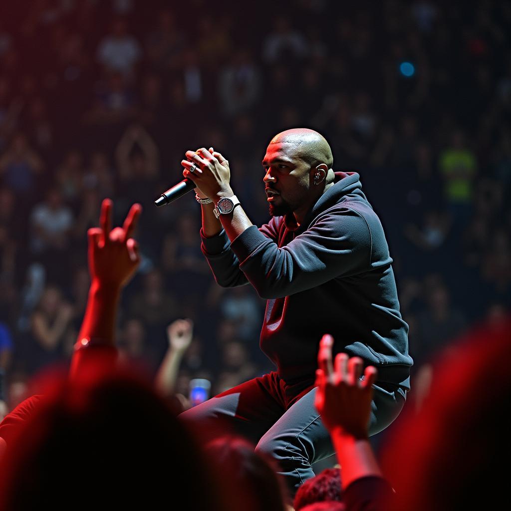 Kanye West passionately performing during the Saint Pablo Tour