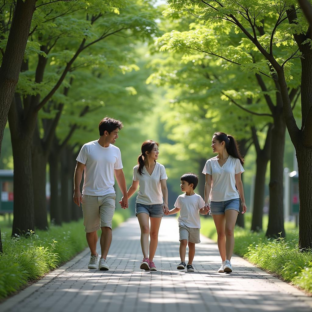 Family strolling on a green path in Karuizawa