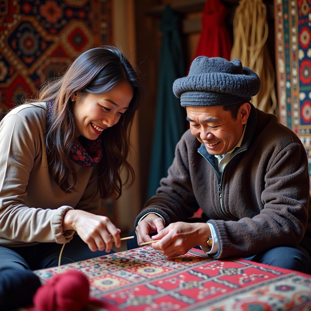 Kashmiri Artisan Demonstrating Carpet Weaving to a Japanese Tourist