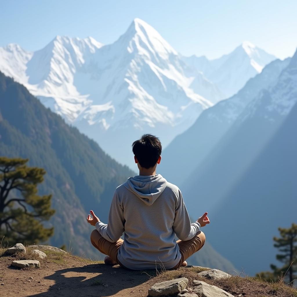 Japanese Traveler Meditating in the Himalayan Mountains of Kashmir