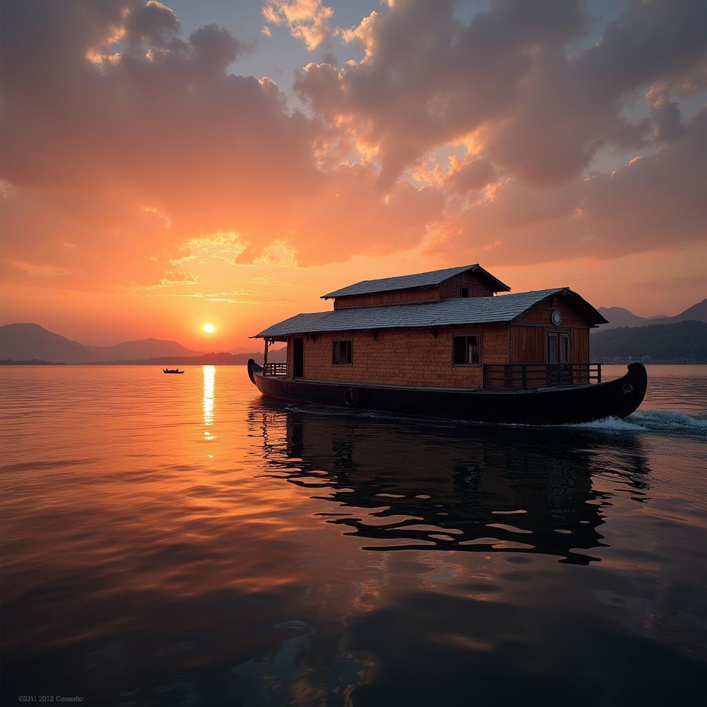 Houseboat on Dal Lake at sunset